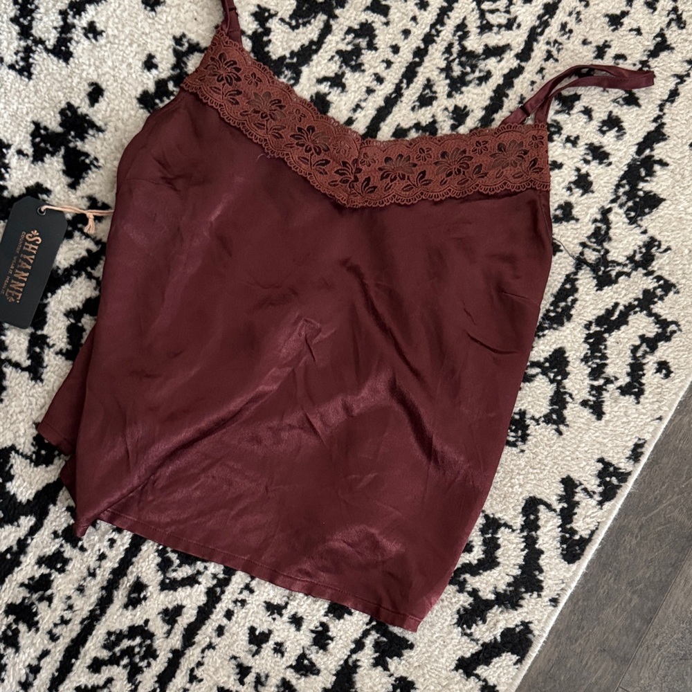 Shayanne Burgundy brown Lace-Trim Satin Cami Top